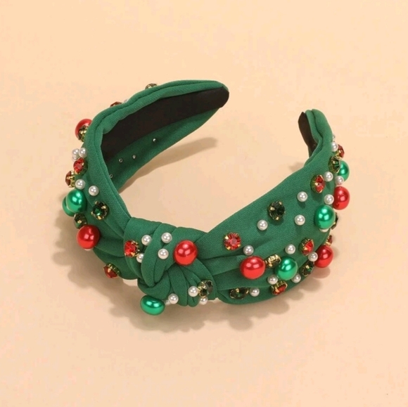 Green headband with multicolored stones and pearls - Picture 4 of 4